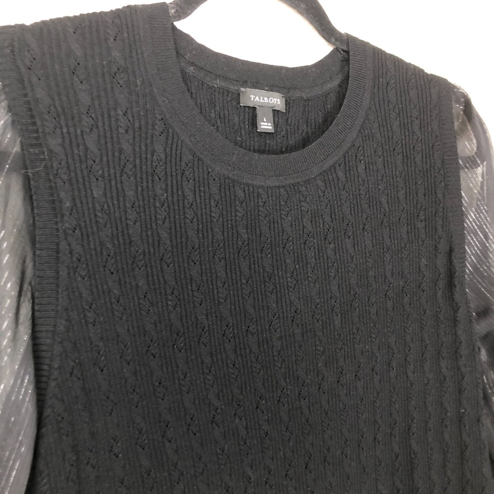 Talbots Womens Sheer Metallic Balloon Sleeve V-Neck Sweater Size L Black Holiday - Picture 5 of 11